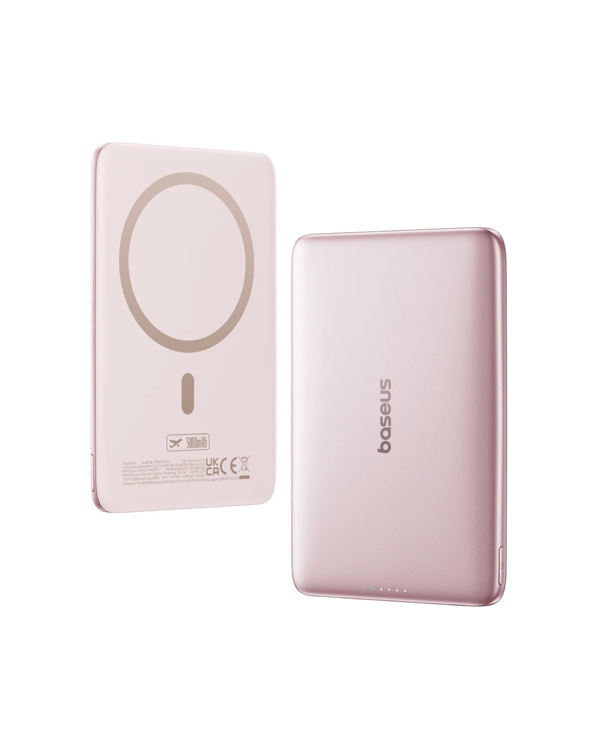 Baseus Thin Magnetic Wireless Power Bank 20W 5000mAh in pink showing front magnetic charging ring and smooth rear finish with LED power indicators.