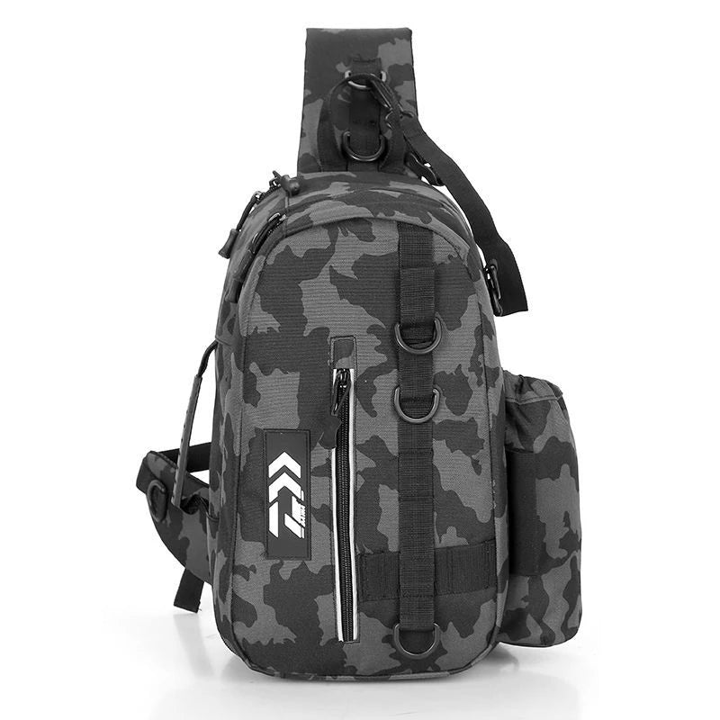 A dark gray and black camouflage sling fishing tackle backpack with multiple zippered pockets, adjustable shoulder strap, and side pocket, shown on a plain white background.