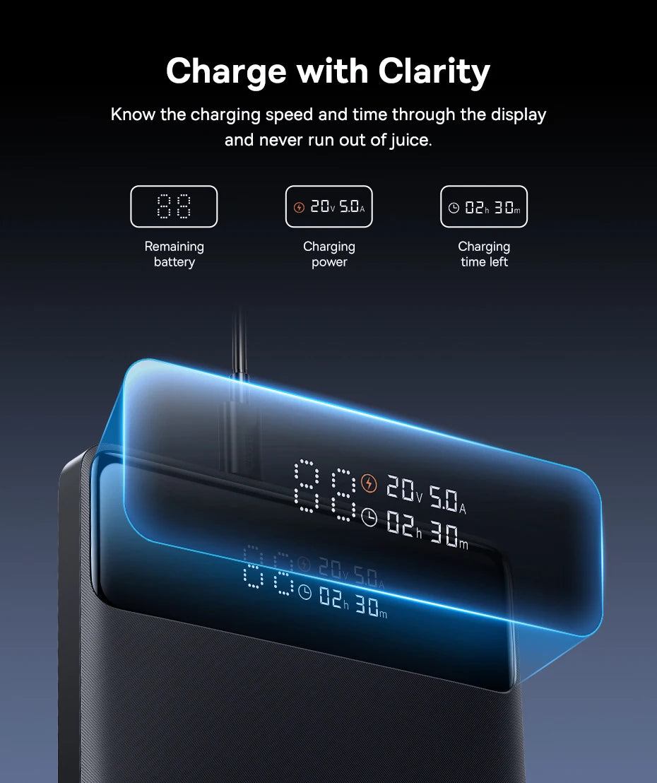 Charging device with digital display showing battery status on a dark background