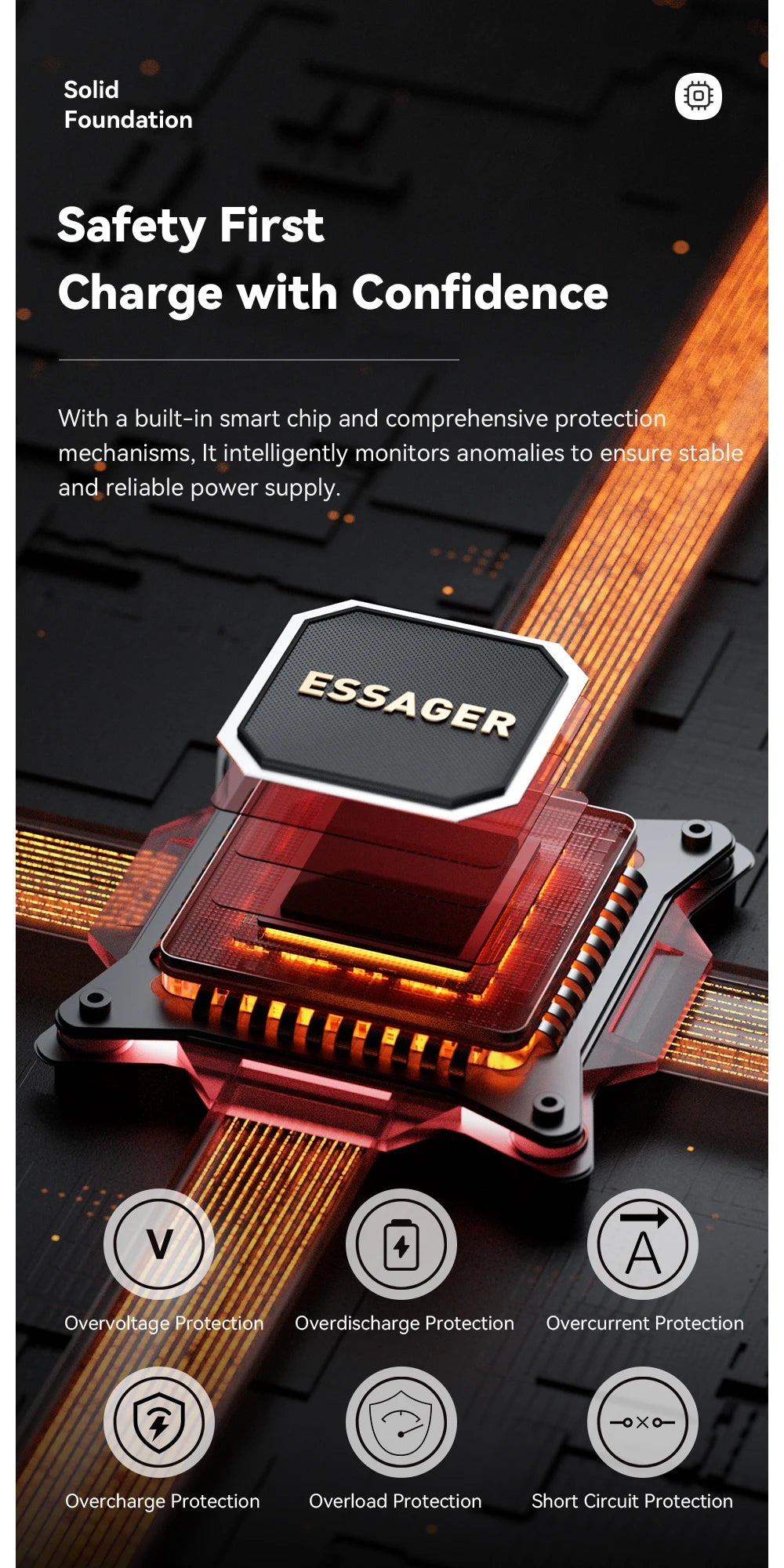 Electronic device with 'ESSAGER' branding and safety features highlighted on a dark background.