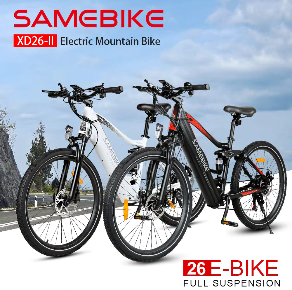 Two electric Samebike XD26-II  mountain bikes with 'Samebike' branding against a scenic background.