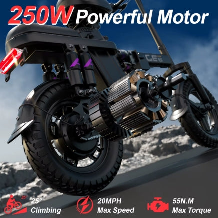 Motorcycle engine with '250W Powerful Motor' text and specifications on a mountain road background.