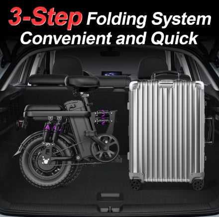 Foldable scooter and suitcase in a car trunk with text about 3-step folding system.