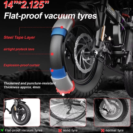 Motorcycle tire with text detailing features and specifications