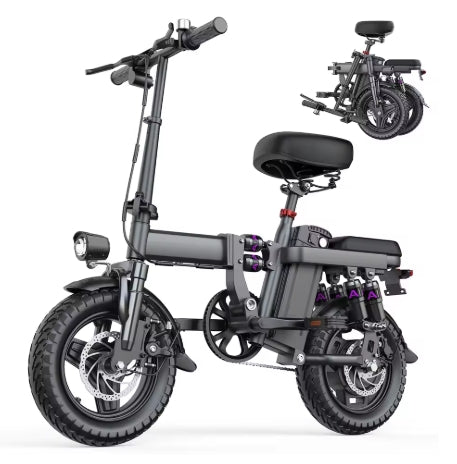 Black electric bike with a smaller inset image of the bike folded.