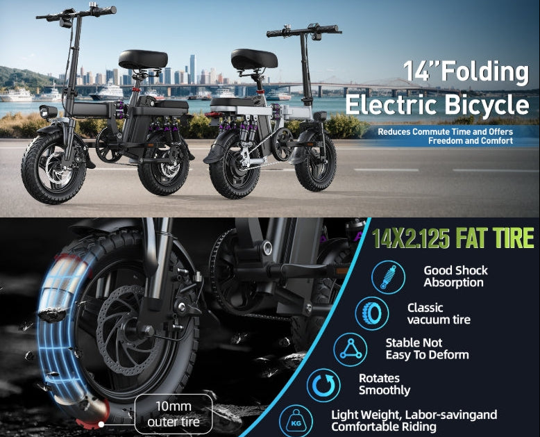 14-inch folding electric bicycle with detailed specifications on tire and shock absorption.