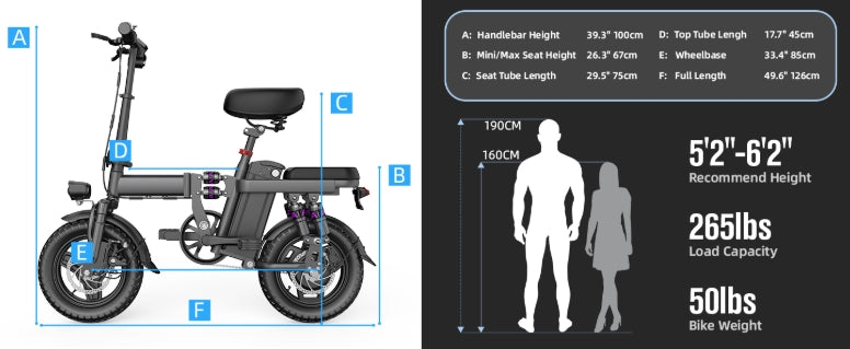 Electric bike with measurements and specifications on a white background