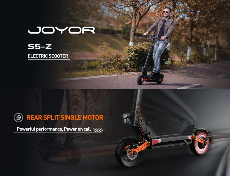 Person riding a Joyor S5-Z electric scooter with product details displayed.