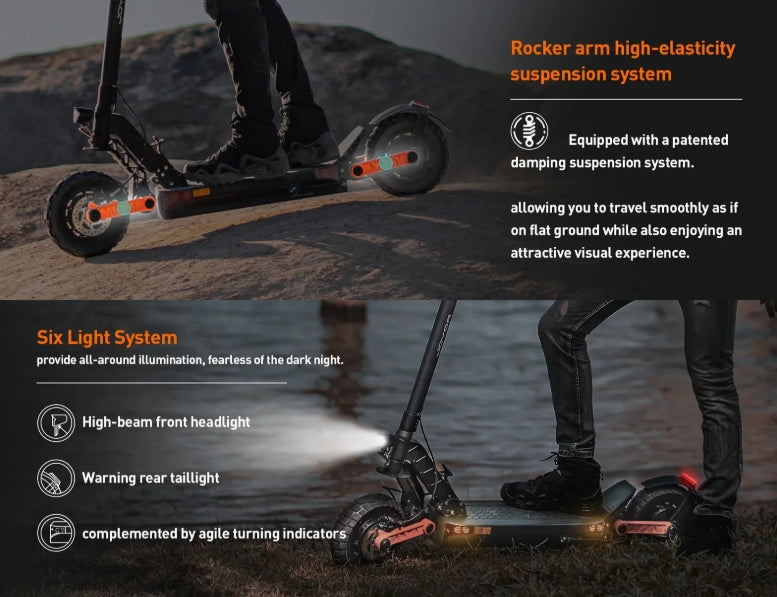Electric scooter with high-elasticity suspension system and six light system features.