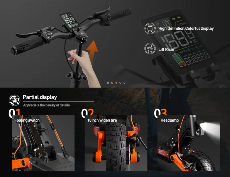 Electric bike with digital display and features highlighted on a dark background