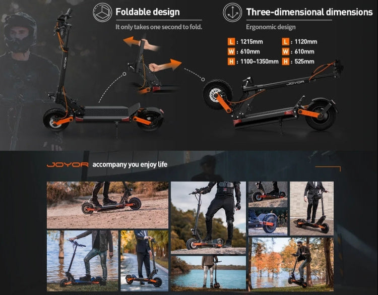 JOYOR electric scooter with foldable design and three-dimensional dimensions displayed on a dark background.