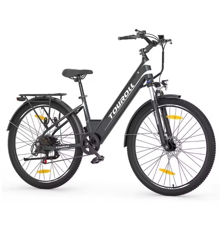 Black electric bicycle with 'Touroll' branding on a white background