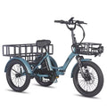Blue electric tricycle with cargo baskets on a white background