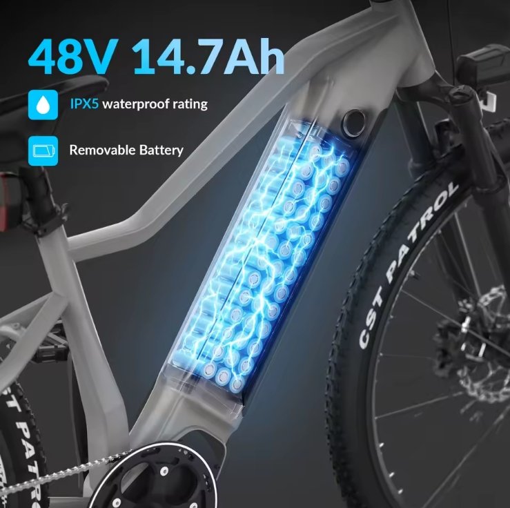 Electric bike with a visible battery pack, showing specifications on a dark background.