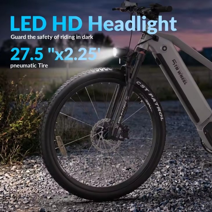 Electric bike with LED HD headlight on a gravel path at night