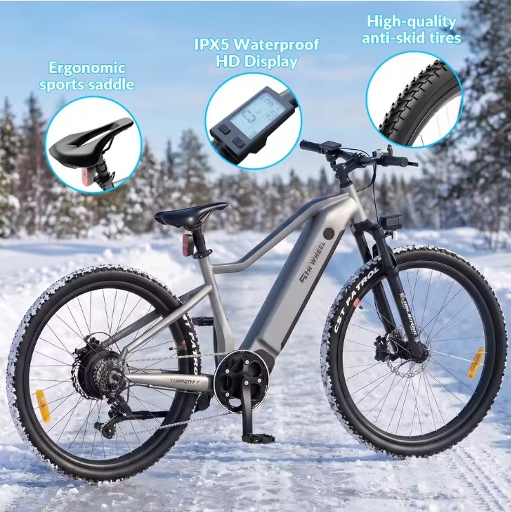 Electric bike in a snowy landscape with features highlighted.