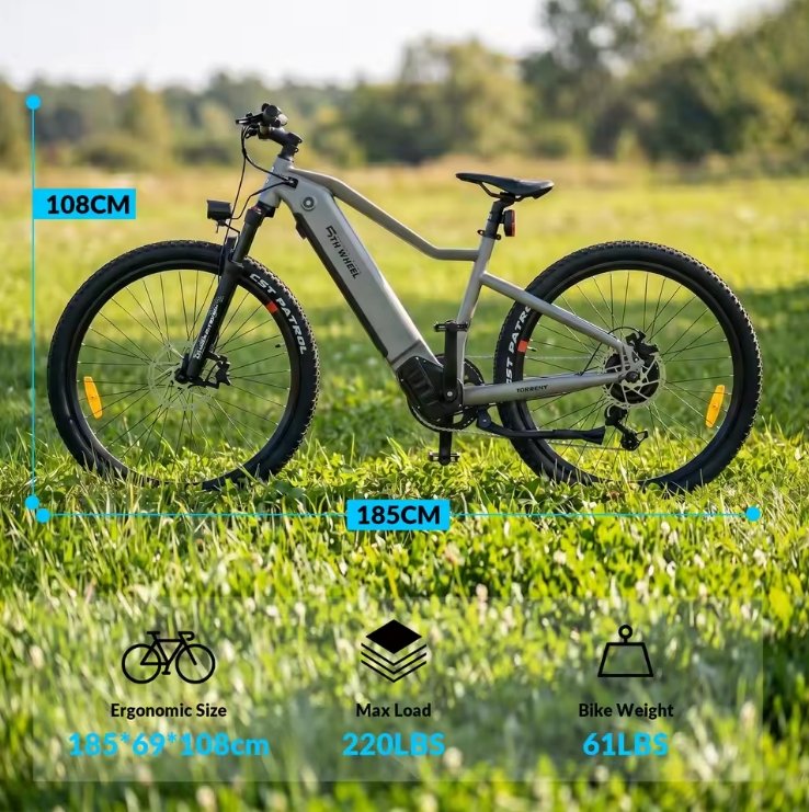 Electric bike on grass with measurements and specifications displayed