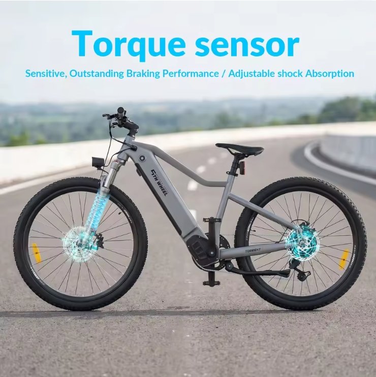 Electric bike on a road with torque sensor text above