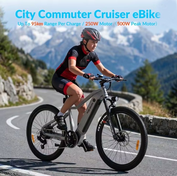 Person riding a City Commuter Cruiser eBike on a mountain road with scenic background