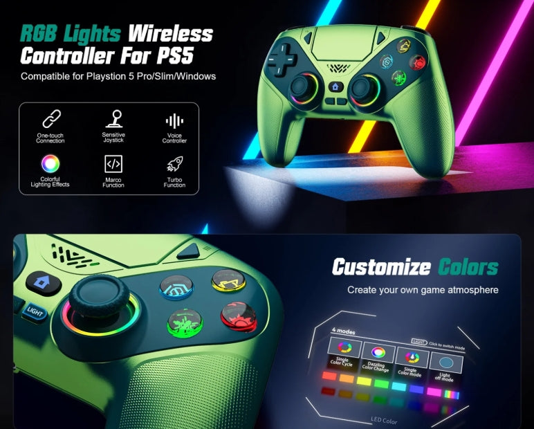Green gaming controller with RGB lighting effects on a dark background