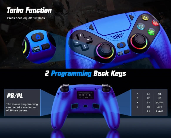 Blue gaming controller with Turbo Function and programming keys on a dark background