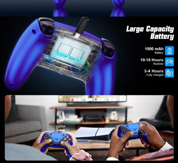 Glowing blue gaming controller with battery details and people playing in a room.