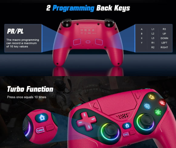Red gaming controller with programming back keys and turbo function on a dark background