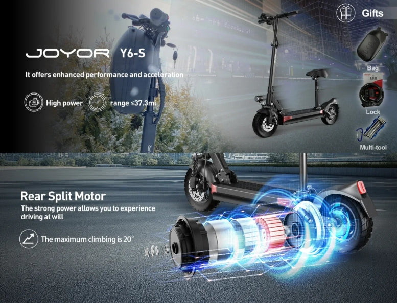 Joyor Y6-S electric scooter with features highlighted on a dark background