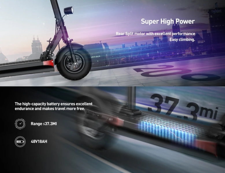 Electric scooter with text about high power and battery capacity on a cityscape background