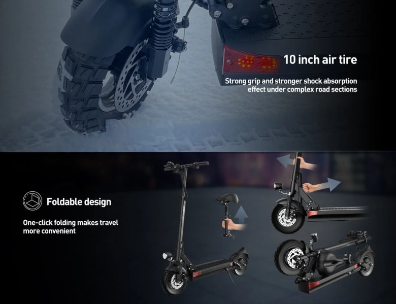 Close-up of a scooter's 10-inch air tire and a sequence showing its foldable design.