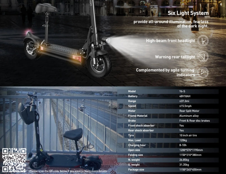 Electric scooter with lighting features and specifications displayed on a dark background