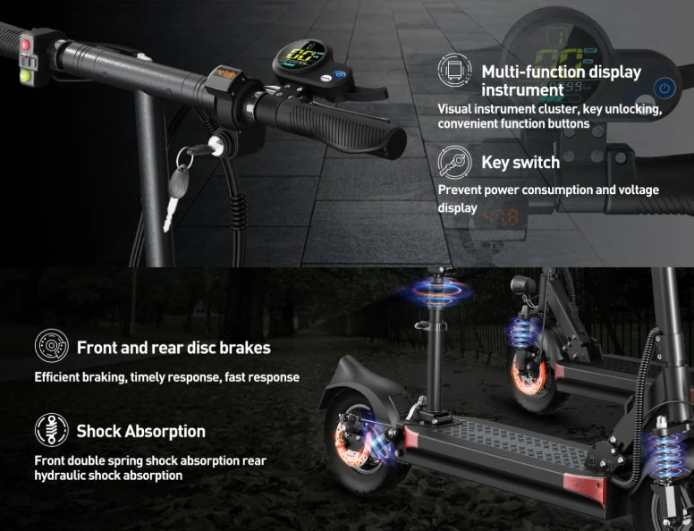 Electric scooter with features highlighted on a dark background