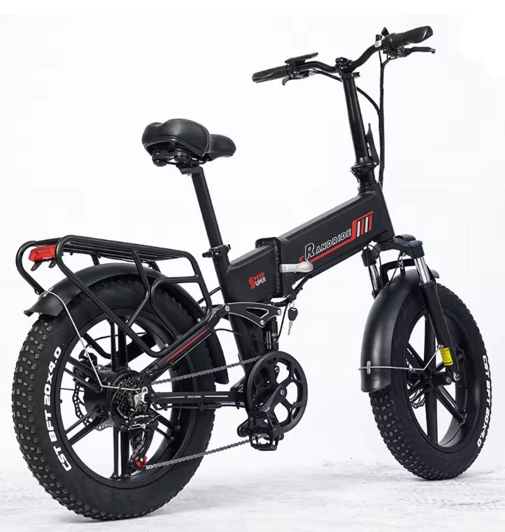 The image shows the RANDRIDE YX20M foldable electric bike in black with red detailing. It features a compact alloy frame, thick 20×4.0 inch CST tyres, front and rear suspension, and hydraulic disc brakes. The bike includes a rear rack, Shimano 7‑speed drivetrain, and visible wiring for its 1000W motor and 48V 17Ah lithium battery. The design highlights strength, portability and modern e‑bike engineering — ideal for urban and off‑road riders seeking high performance with foldable convenience.
