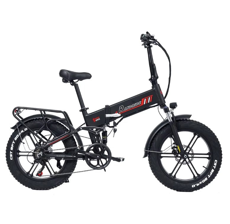 The image shows the RANDRIDE YX20M foldable electric bike in black with red detailing. It features a compact alloy frame, thick 20×4.0 inch CST tyres, front and rear suspension, and hydraulic disc brakes. The bike includes a rear rack, Shimano 7‑speed drivetrain, and visible wiring for its 1000W motor and 48V 17Ah lithium battery. The design highlights strength, portability and modern e‑bike engineering — ideal for urban and off‑road riders seeking high performance with foldable convenience.