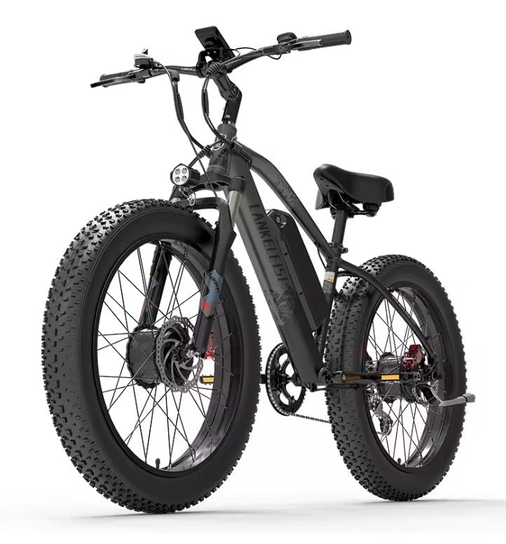 Black LANKELEISI MG740PLUS full suspension fat tyre electric mountain bike on white background showing 26x4.0 inch tyres, hydraulic brakes and central battery frame.