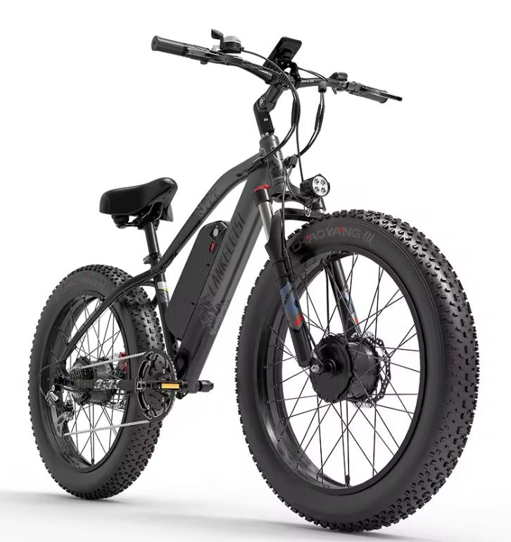 Black LANKELEISI MG740PLUS full suspension fat tyre electric mountain bike on white background showing 26x4.0 inch tyres, hydraulic brakes and central battery frame.