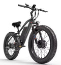 Black LANKELEISI MG740PLUS full suspension fat tyre electric mountain bike on white background showing 26x4.0 inch tyres, hydraulic brakes and central battery frame.
