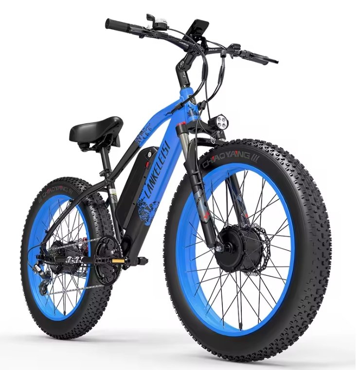 Blue LANKELEISI MG740PLUS full suspension fat tyre electric mountain bike on white background showing 26x4.0 inch tyres, hydraulic brakes and central battery frame.