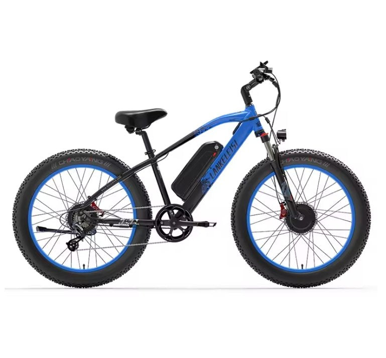 Blue and black LANKELEISI MG740PLUS full suspension fat tyre electric mountain bike on white background showing 26x4.0 inch tyres, hydraulic brakes and central battery frame.