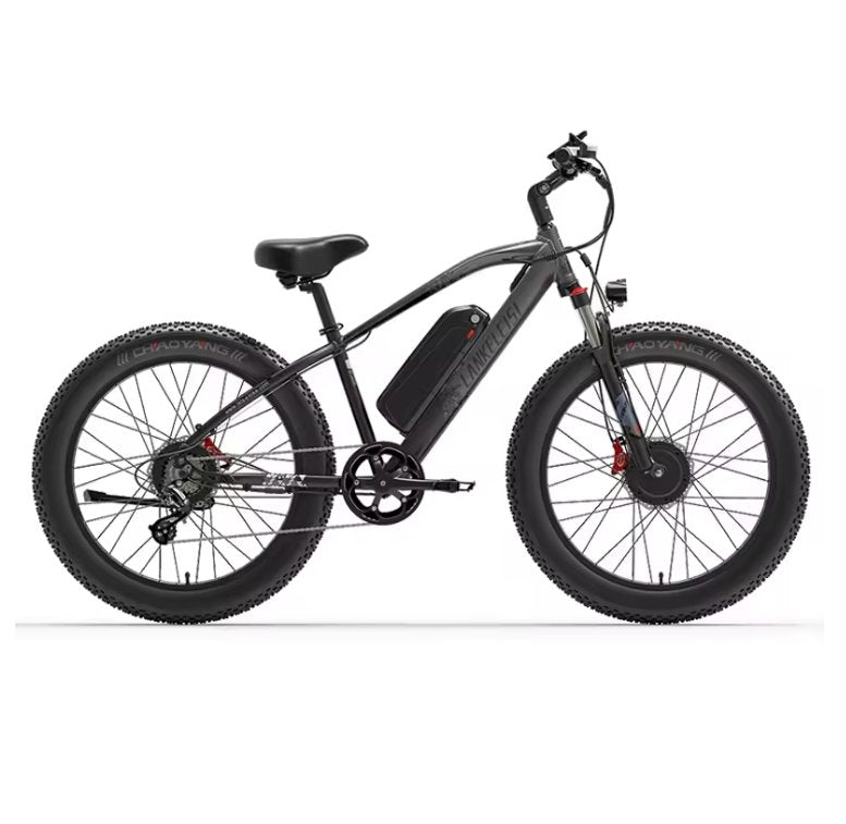 Black and grey LANKELEISI MG740PLUS full suspension fat tyre electric mountain bike on white background showing 26x4.0 inch tyres, hydraulic brakes and central battery frame.