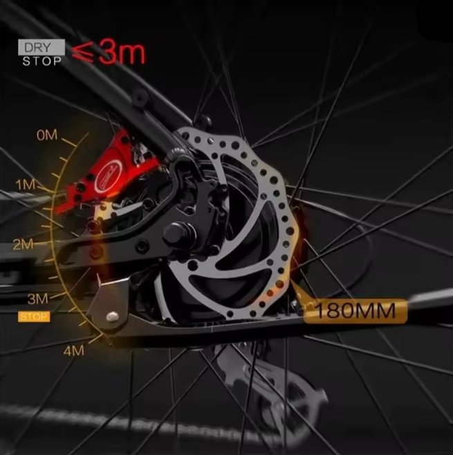 Close-up of an electric bicycle brake system with measurement details on a dark background