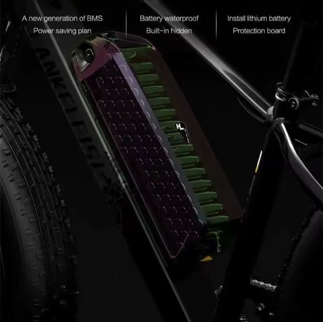 Electric Bicycle battery pack with text on a dark background