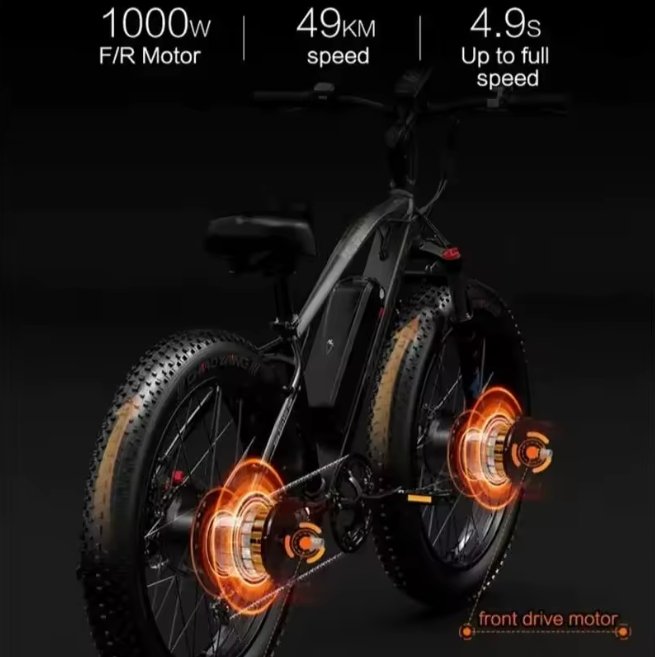 Black LANKELEISI MG740PLUS full suspension fat tyre electric mountain bike on dark background showing dual 1000W front and rear motors with orange highlights and performance text displaying 49km speed and 4.9s acceleration.