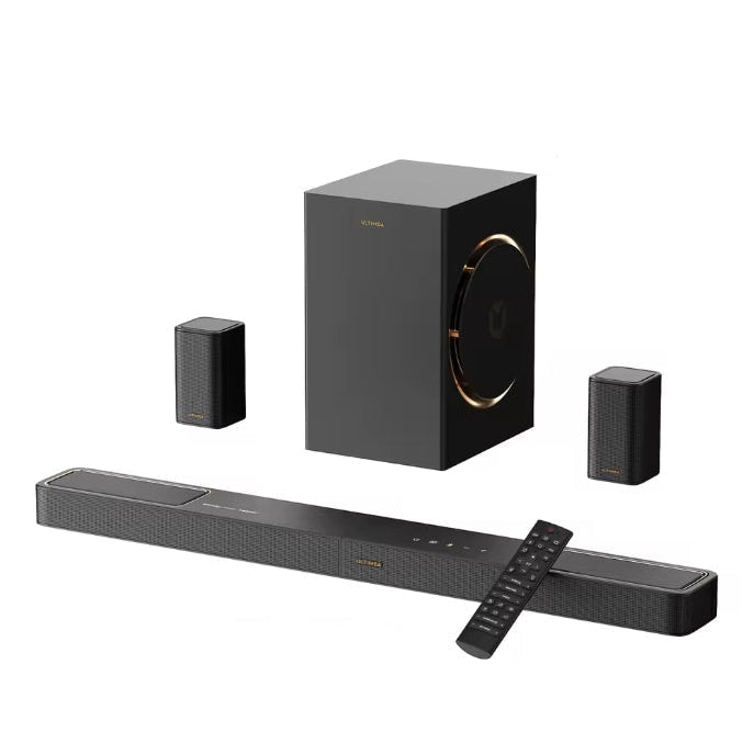 ULTIMEA Skywave F40 5.1.2 Dolby Atmos soundbar system with wireless subwoofer, dual rear surround speakers, and remote control