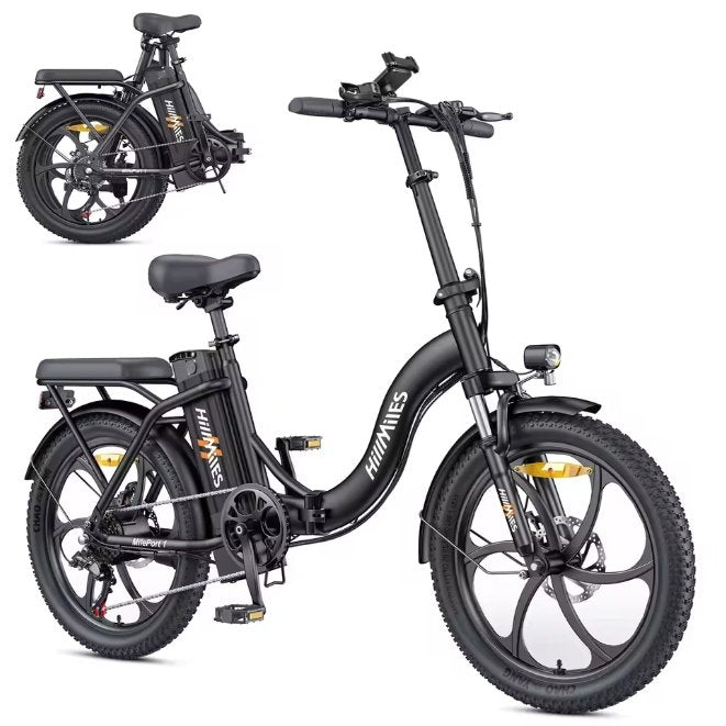 HillMiles MilePort 1 electric bike in black — 250W, 20‑inch fat tyres, folding frame.