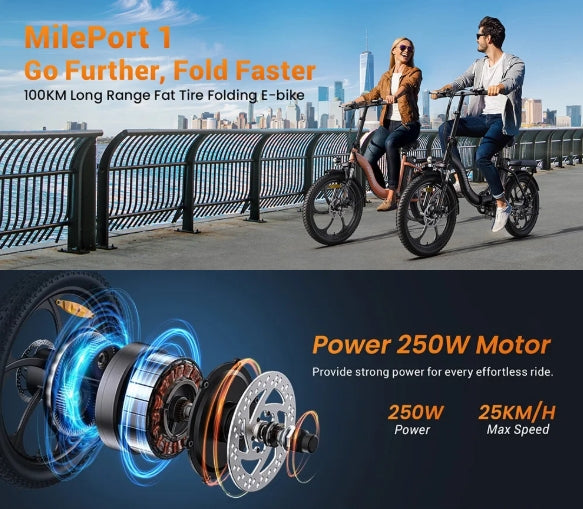 Two people riding electric bikes with cityscape background and bike Motor component close-up with specifications.