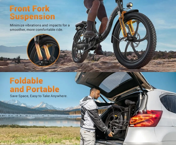 Bicycle with front fork suspension and a person folding a bike into a car trunk, set against a scenic background.