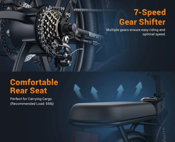 Bicycle gear shifter and rear seat with text on a dark background