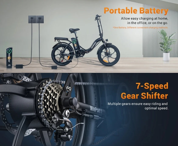 Electric bike with portable battery and 7-speed gear shifter on a modern interior background