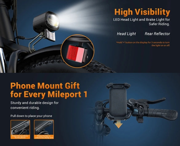 E-bike with LED headlight, rear reflector, and phone mount on a dark background